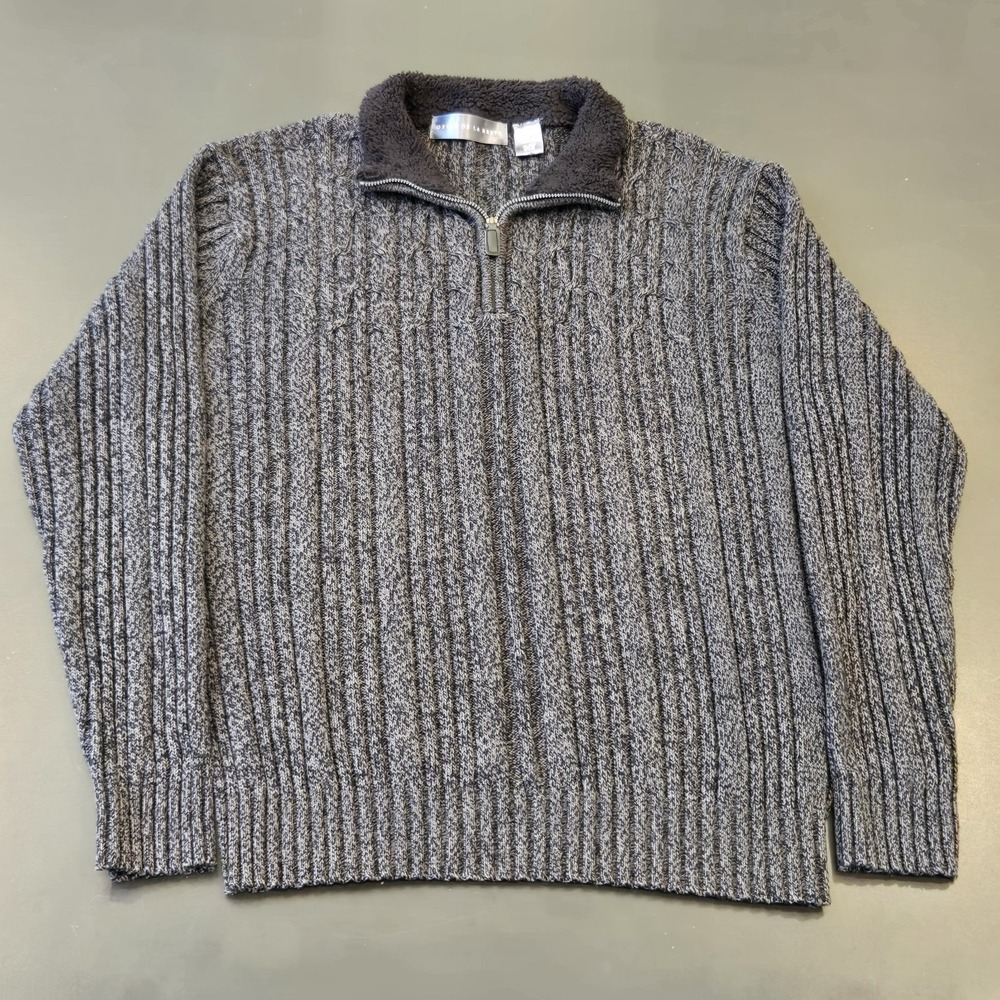 Oscar De La Renta Quarter Zip Sweater XL Men's Gray Pullover Sherpa Collar Layer